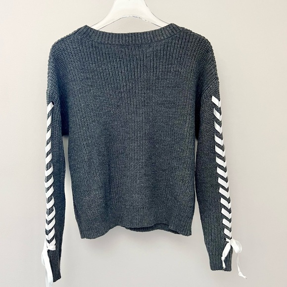 Gray Lace Up Crewneck Sweater - Picture 5 of 12